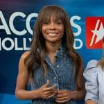 Zuri’s denim splatter print vest and pants on Access Hollywood