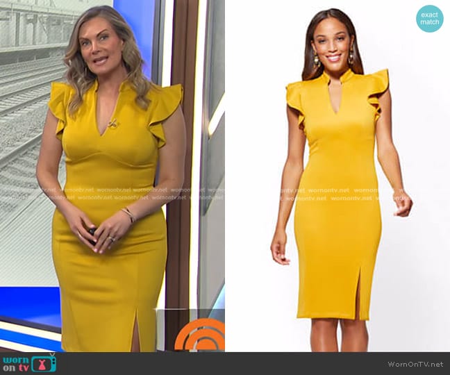 New York & Company 7th Avenue Ruffled V-Neck Sheath Dress worn by Emily West on Today