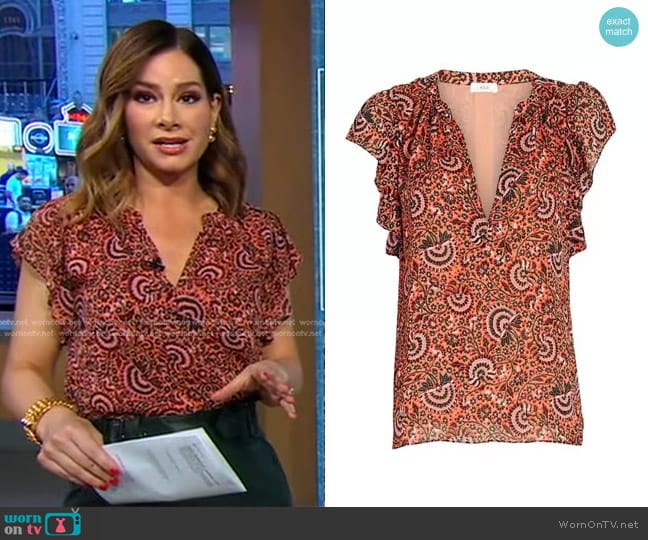 A.L.C. June Ruffled Floral Chiffon Top in Multi worn by Rebecca Jarvis on Good Morning America