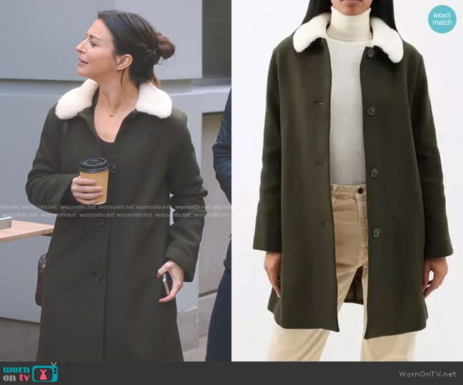 A.P.C. New Doll Faux-Shearling Collar Wool-Blend Coat in Dark Green worn by Amelia Shepherd (Caterina Scorsone) on Greys Anatomy