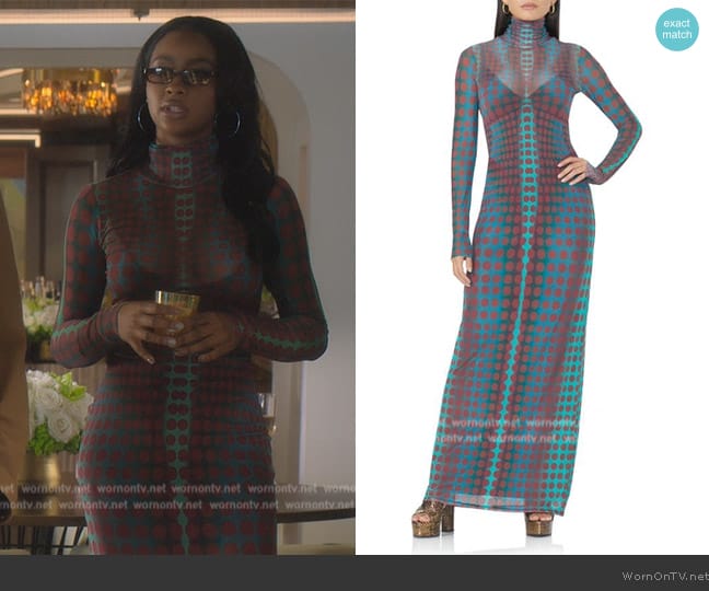 AFRM Billie Print Long Sleeve Semisheer Dress worn by Annika (Justine Skye) on Grown-ish