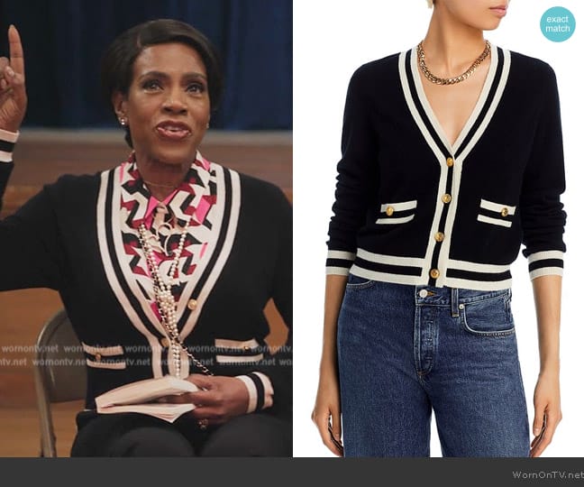 Aqua Stripe Trim Novelty Button Cashmere Cardigan worn by Barbara Howard (Sheryl Lee Ralph) on Abbott Elementary