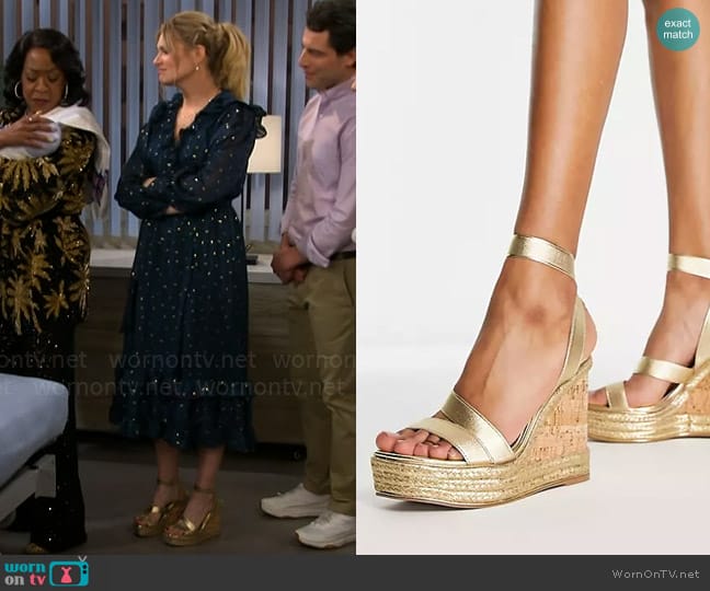 ASOS Design Trinity elastic strappy wedges in gold worn by Gemma (Beth Behrs) on The Neighborhood