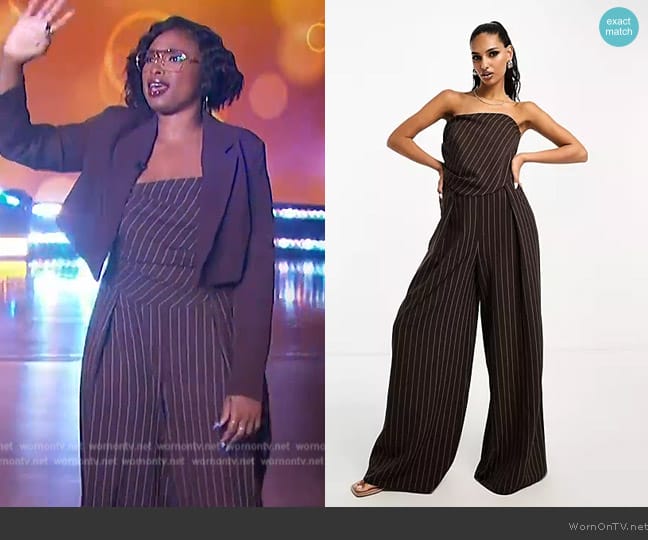 ASOS  Bandeau Jumpsuit in chocolate pinstripe worn by Jennifer Hudson on The Jennifer Hudson Show