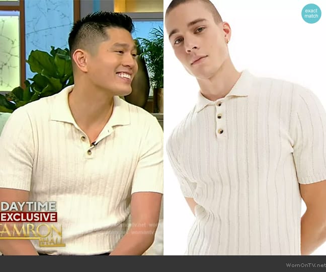 ASOS Muscle fit knit textured rib polo shirt in stone worn by Mark Hoying on Tamron Hall Show