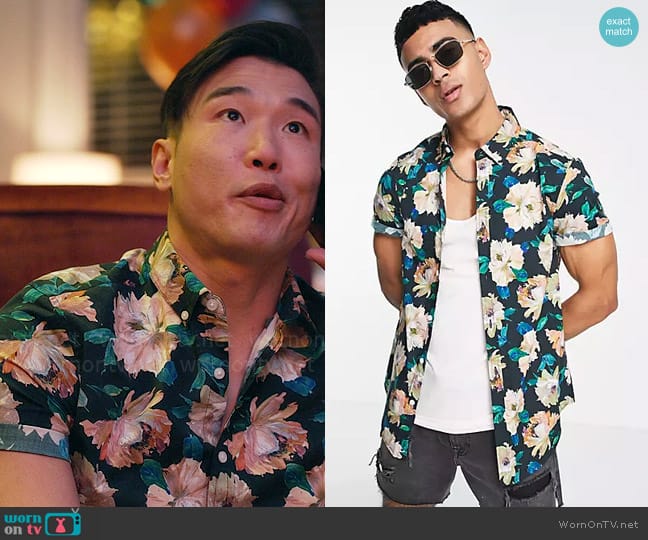 ASOS Design Stretch slim shirt in black floral print worn by Nicholas (Joel Kim Booster) on Loot