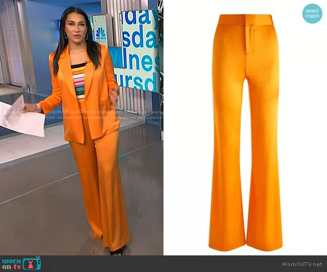 Alice + Olivia Deanna High Waist Pant in Tangerine worn by Morgan Radford on NBC News Daily