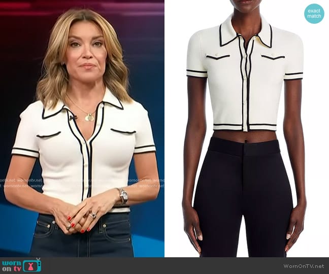 Alice + Olivia Marlena Knit Contrast-Trim Shirt Ecru Black worn by Kit Hoover on Access Hollywood