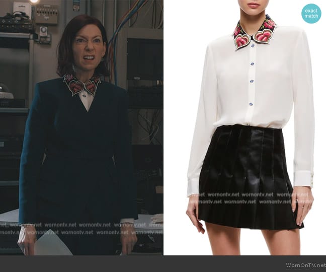 Alice + Olivia Willa Embroidered Collar Silk Shirt worn by Elsbeth Tascioni (Carrie Preston) on Elsbeth