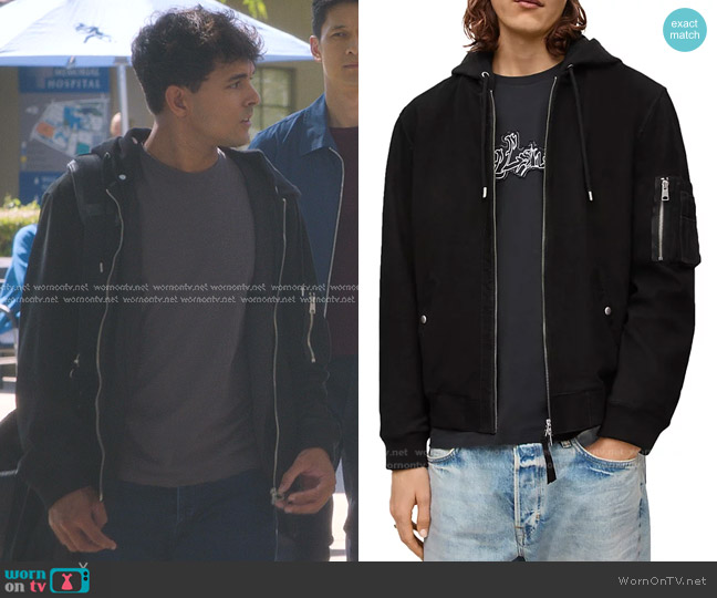 All Saints Izaka Nubuck Leather Bomber Jacket worn by Lucas Adams (Niko Terho) on Greys Anatomy