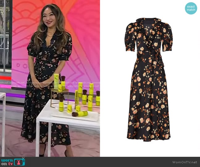 WornOnTV: Michelle Park’s black floral ruffle wrap dress on Today ...