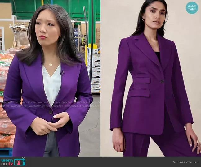 Banana Republic Lido Blazer in Deep Purple worn by Nancy Chen on CBS Evening News