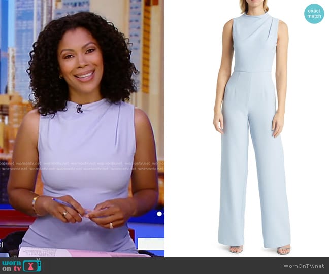 Black Halo Corrine Draped Bodice Wide Leg Jumpsuit in Maliblue worn by Shirleen Allicot on Good Morning America