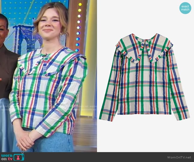 Bobo Choses Oversized Collar Checked Blouse worn by Claudia Jessie on Good Morning America