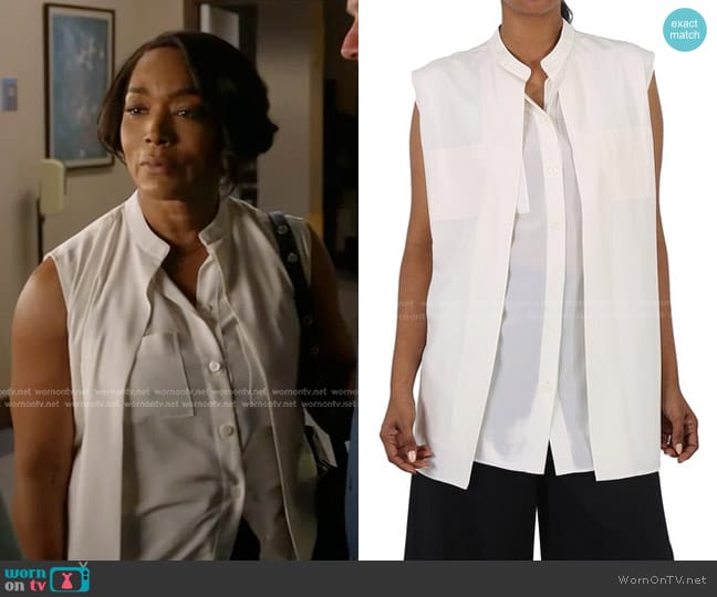 Burberry Suziesl Crepe De Chine Logo Detail Sleeveless Silk Shirt worn by Athena Grant (Angela Bassett) on 9-1-1