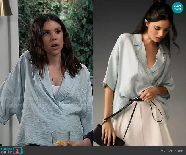 By Anthropologie The Dylon Short-Sleeve Wide-Placket Top in Blue worn by Kristina Corinthos-Davis (Kate Mansi) on General Hospital