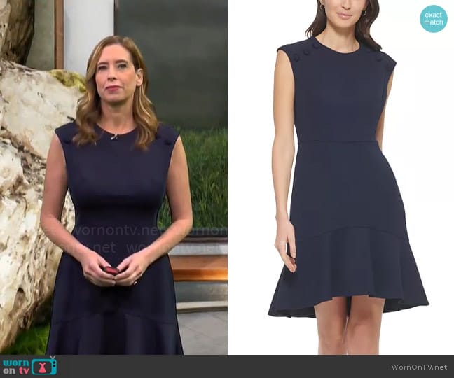 Calvin Klein Button-Trimmed Flounce-Hem Dress worn by Stephanie Abrams on CBS Mornings