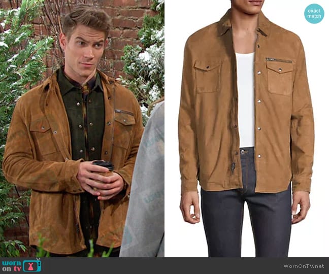 John Varvatos Camel Shilo Suede Jacket in Antique worn by Tripp Johnson (Lucas Adams) on Days of our Lives