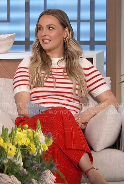 Camilla Luddington's red striped top and plaid pants on The Talk