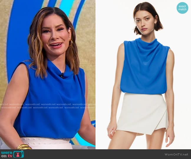 Babaton Carter Blouse in Bright Sapphire Blue worn by Rebecca Jarvis on Good Morning America