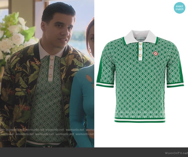 Monogram Jacquard Short-Sleeved Polo Shirt by Casablanca worn by Vivek Shah (Jordan Buhat) on Grown-ish