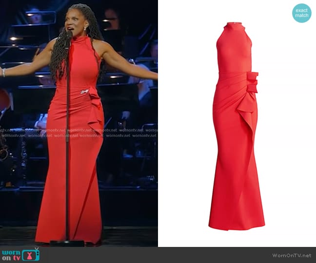 Chiara Boni La Petite Robe Gudrum Halter Ruffle Gown in Geranium worn by Audra McDonald on Today