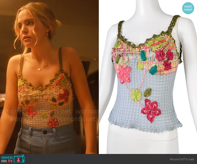 Christian Lacroix Vintage SS 2000 Baby Blue Multicolor Floral Embellished Knit Crochet Tank Top worn by Imogen Adams (Bailee Madison) on Pretty Little Liars Original Sin