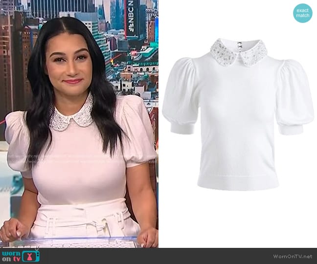 Alice + Olivia Ciara Pearl Collar Wool Sweater worn by Morgan Radford on NBC News Daily