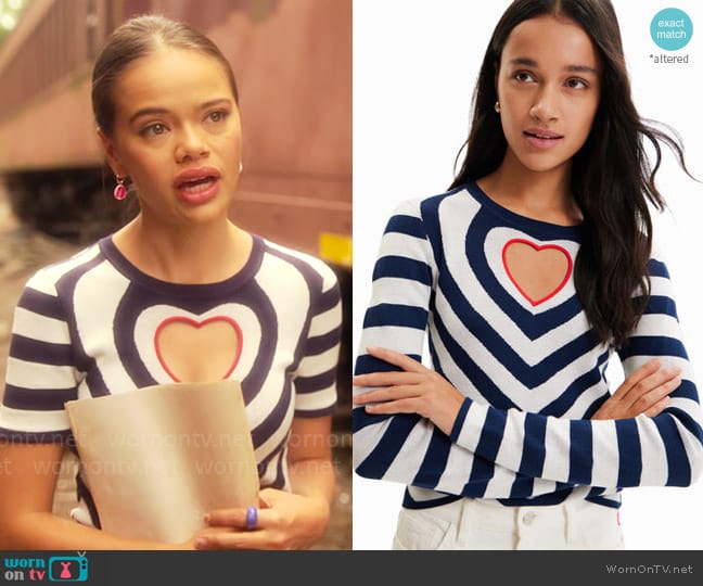 Desigual Striped heart cut-out pullover worn by Minnie 'Mouse' Honrada (Malia Pyles) on Pretty Little Liars Original Sin