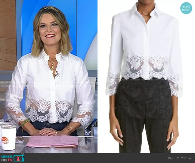 WornOnTV: Savannah’s white floral lace shirt and denim skirt on Today ...