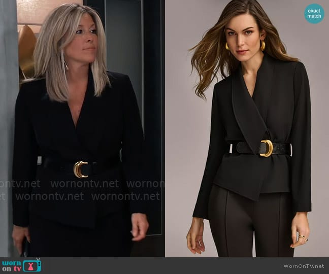 Donna Karan Shawl-Collar Belted Blazer worn by Carly Spencer (Laura Wright) on General Hospital