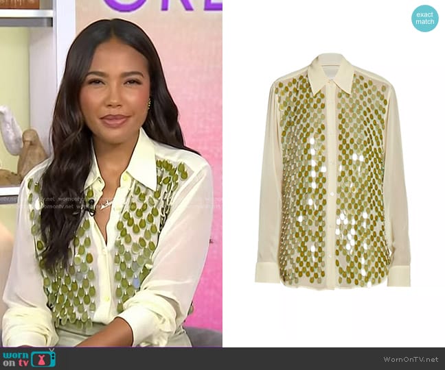 Dries Van Noten Chowy Embellished Button-Front Shirt in Pale Yellow worn by Emma Grede on Today