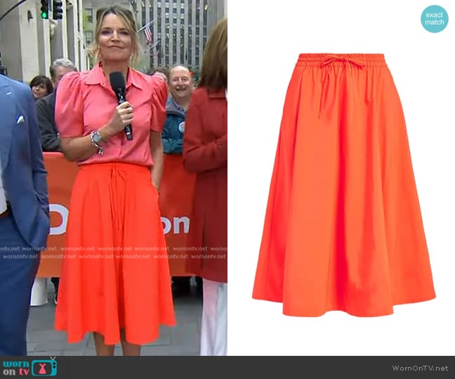 Essentiel Antwerp Drawstring Midi Skirt in Wild Strawberry worn by Savannah Guthrie on Today