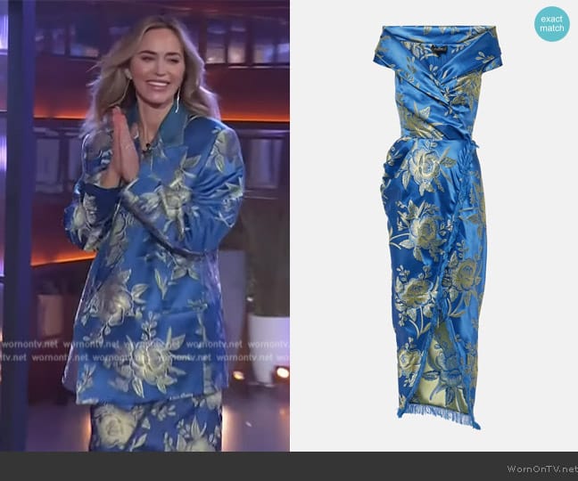 Etro Off-the-shoulder fringed floral-brocade midi wrap dress worn by Emily Blunt on The Kelly Clarkson Show