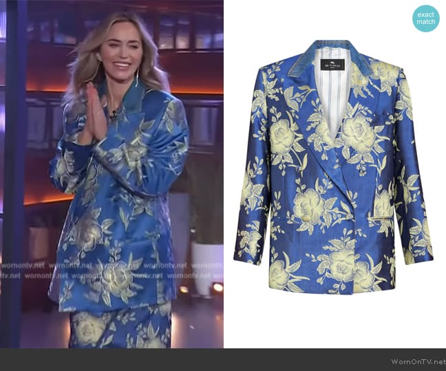 Etro Mixed-Media Floral Print Double-Breasted Blazer worn by Emily Blunt on The Kelly Clarkson Show