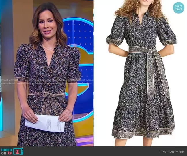 Veronica Beard Eunice Printed Puff-Sleeve Midi Dress worn by Rebecca Jarvis on Good Morning America