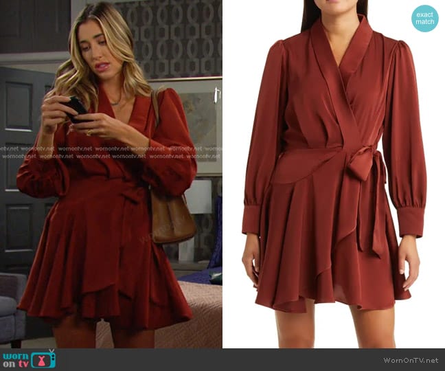 Floret Studios Ruffle Hem Long Sleeve Satin Wrap Minidress in Rust worn by Sloan Peterson (Jessica Serfaty) on Days of our Lives