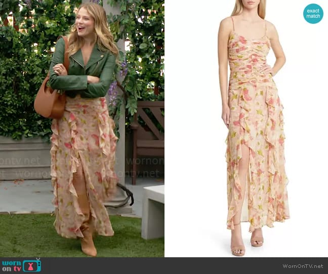 Floret Studios Floral Ruched Bodice Cascading Ruffle Maxi Dress worn by Summer Newman (Allison Lanier) on The Young and the Restless