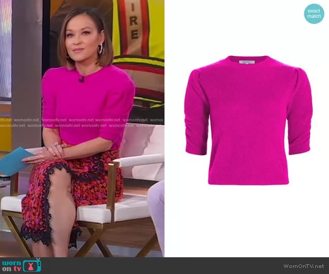 Frame Ruched Sleeve Cashmere-Wool Sweater in Magenta worn by Eva Pilgrim on Good Morning America