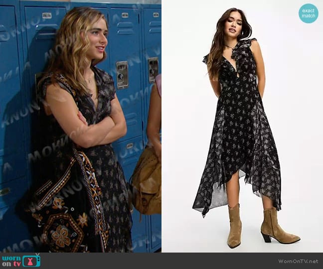 Free People Joaquin Floral Ruffle Plunge Dress in D Ruffles Black worn by Holly Jonas (Ashley Puzemis) on Days of our Lives