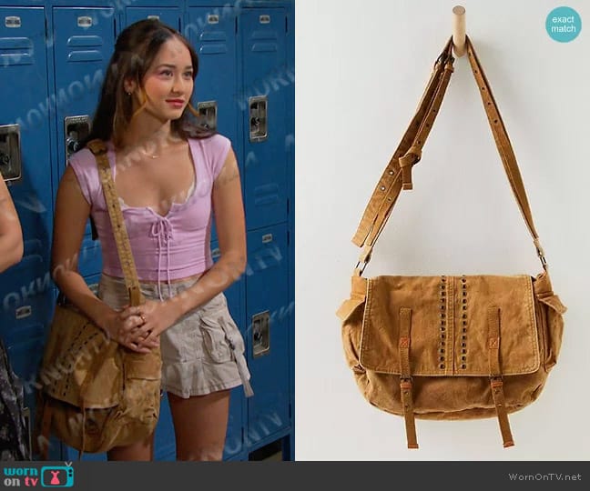 Free People Zevon Distressed Messenger Bag in Desert Dune worn by Sophia (Madelyn Kientz) on Days of our Lives