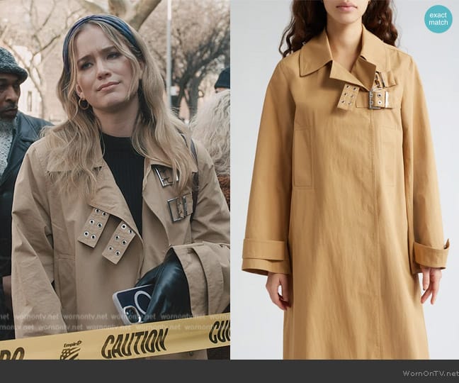 Ganni Twill Buckled Trench Coat worn by Elizabeth Lail (Elizabeth Lail) on Elsbeth