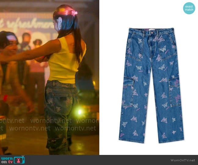 Ganni Embroidery Denim Butterfly Jeans worn by Minnie 'Mouse' Honrada (Malia Pyles) on Pretty Little Liars Original Sin