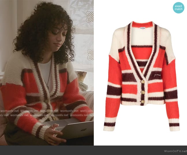 Ganni Striped V-neck cardigan worn by Olivia Baker (Samantha Logan) on All American