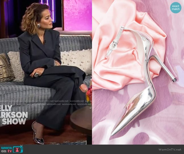 Gedebe Anitta Pumps in Mirror Silver worn by Rita Ora on The Kelly Clarkson Show