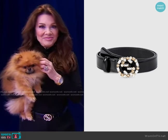 Gucci Leather Belt With Pearl And Crystal Interlocking G Buckle in White worn by Lisa Vanderpump on Good Morning America