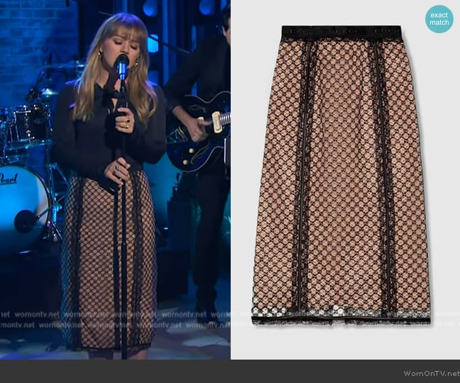 Gucci GG Net Skirt with Lace Trims worn by Kelly Clarkson on The Kelly Clarkson Show