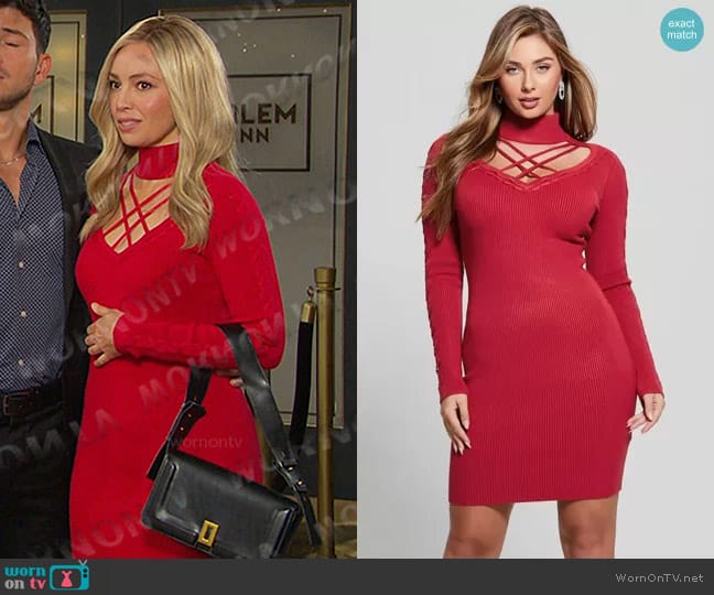 Guess Eco Dylan Mock Neck Cutout Dress worn by Theresa Donovan (Emily O'Brien) on Days of our Lives