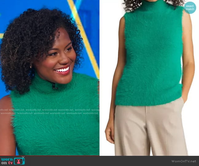 Halogen Fuzzy Mock Neck Sweater Tank in Green Genius worn by Janai Norman on Good Morning America