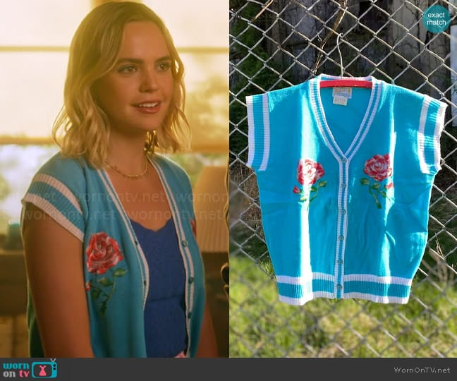 Helen Sue Vintage Embroidered Rose & Stripes Cropped Cap Sleeve Cardigan worn by Imogen Adams (Bailee Madison) on Pretty Little Liars Original Sin